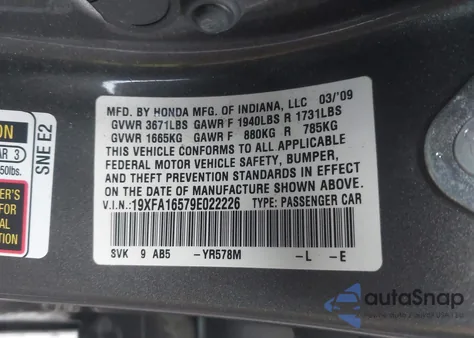 2009 Honda Civic Lx из США, поврежденный, VIN 19XFA16579E022226